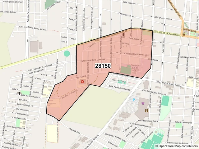 Mapa del código postal 28150, Tecomán, Colima