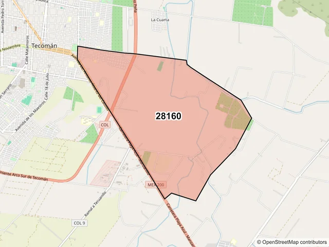 Mapa del código postal 28160, Tecomán, Colima