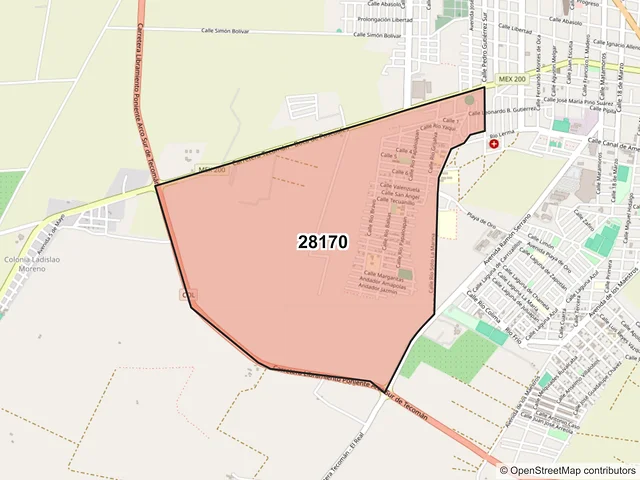 Mapa del código postal 28170, Tecomán, Colima