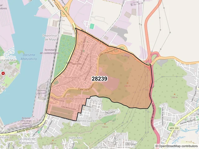 Mapa del código postal 28239, Manzanillo, Colima