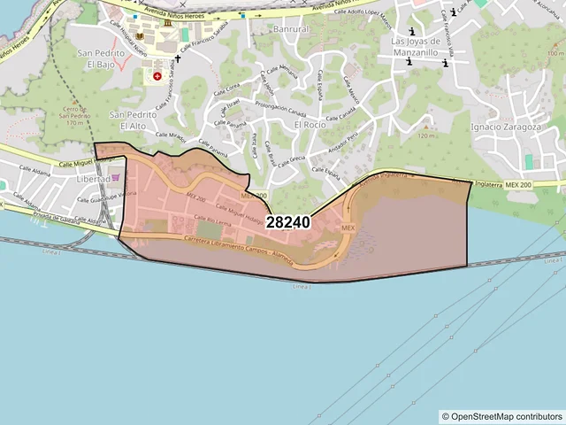 Mapa del código postal 28240, Manzanillo, Colima