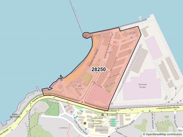 Mapa del código postal 28250, Manzanillo, Colima