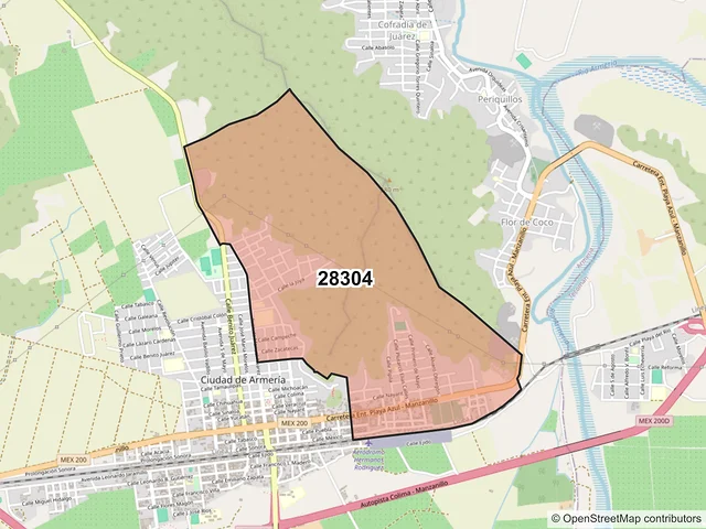 Mapa del código postal 28304, Armería, Colima