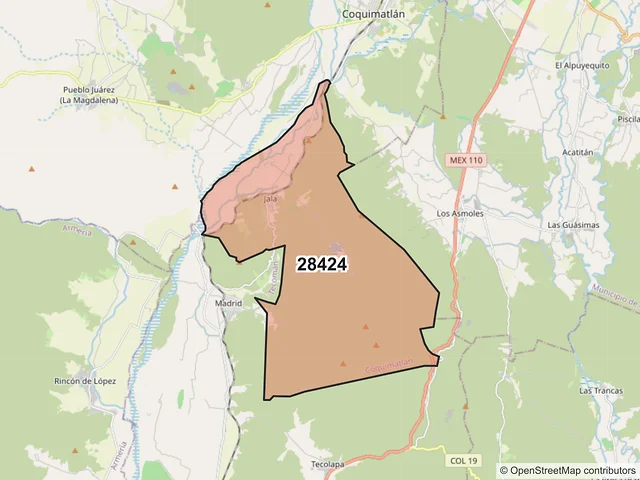 Mapa del código postal 28424, Coquimatlán, Colima