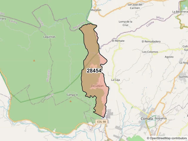 Mapa del código postal 28454, Comala, Colima
