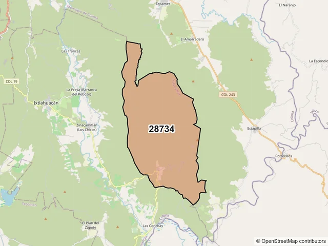 Mapa del código postal 28734, Ixtlahuacán, Colima
