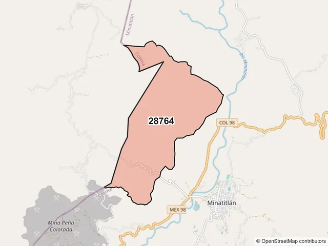 Mapa del código postal 28764, Minatitlán, Colima