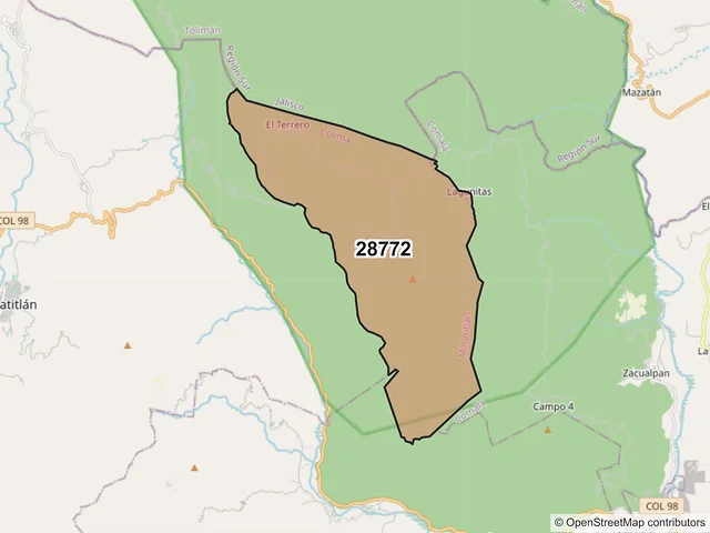 Mapa del código postal 28772, Minatitlán, Colima