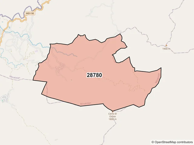 Mapa del código postal 28780, Minatitlán, Colima