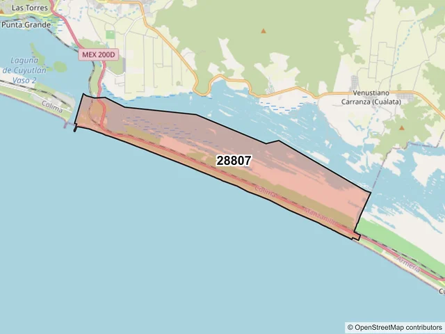 Mapa del código postal 28807, Manzanillo, Colima