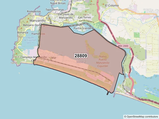 Mapa del código postal 28809, Manzanillo, Colima