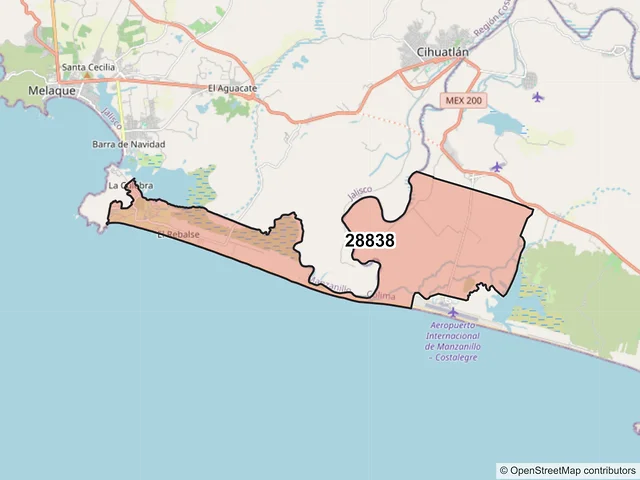 Mapa del código postal 28838, Manzanillo, Colima