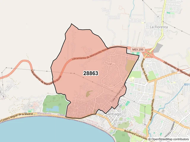 Mapa del código postal 28863, Manzanillo, Colima