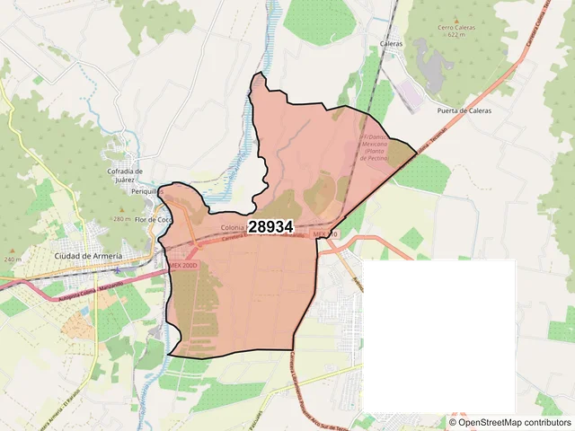 Mapa del código postal 28934, Tecomán, Colima