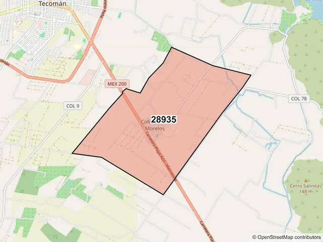 Mapa del código postal 28935, Tecomán, Colima