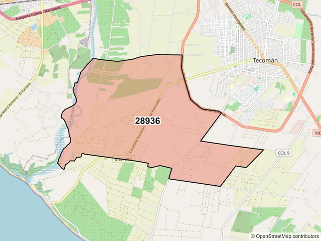Mapa del código postal 28936, Tecomán, Colima