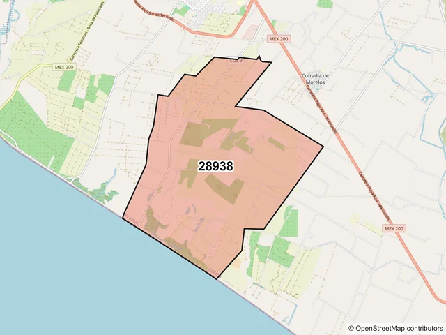 Mapa del código postal 28938, Tecomán, Colima