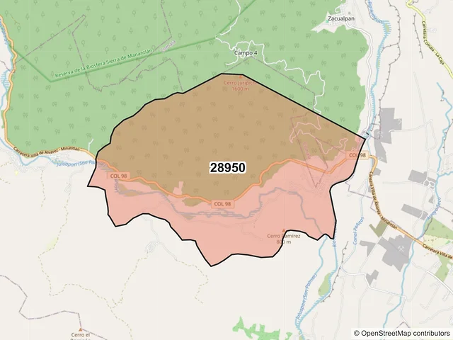 Mapa del código postal 28950, Villa de Álvarez, Colima
