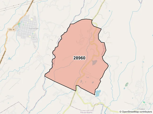Mapa del código postal 28960, Villa de Álvarez, Colima