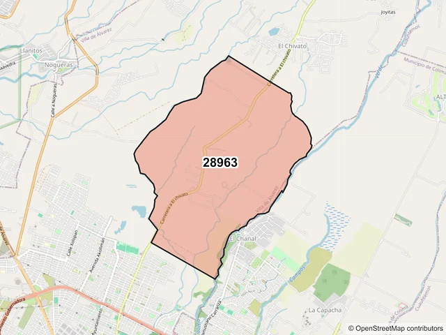 Mapa del código postal 28963, Villa de Álvarez, Colima