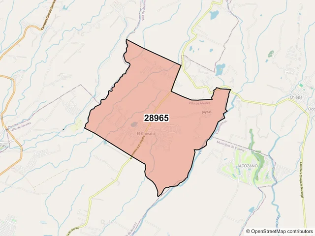 Mapa del código postal 28965, Villa de Álvarez, Colima