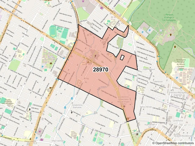Mapa del código postal 28970, Villa de Álvarez, Colima