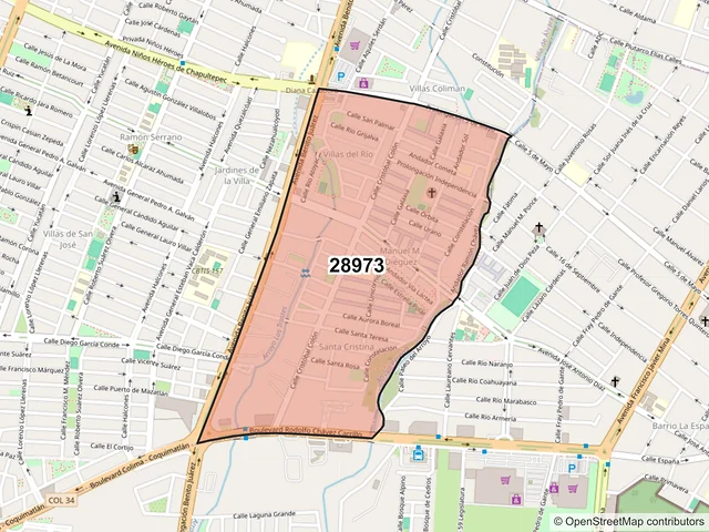 Mapa del código postal 28973, Villa de Álvarez, Colima
