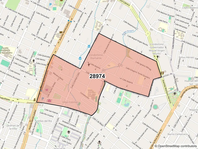 Mapa del código postal 28974, Villa de Álvarez, Colima