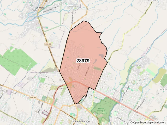 Mapa del código postal 28979, Villa de Álvarez, Colima