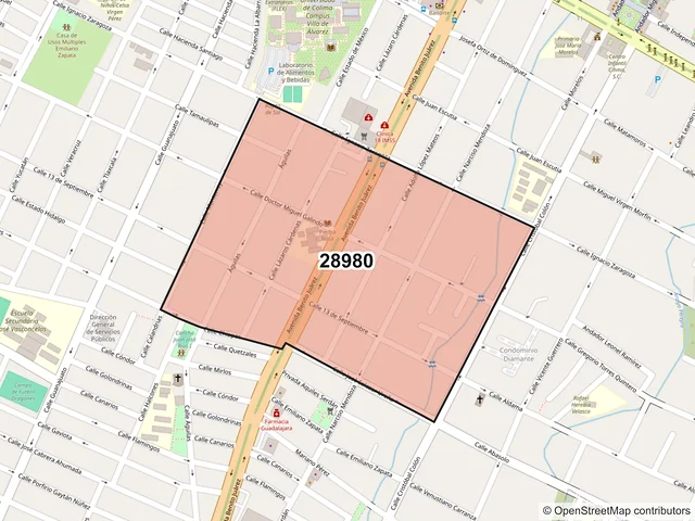 Mapa del código postal 28980, Villa de Álvarez, Colima