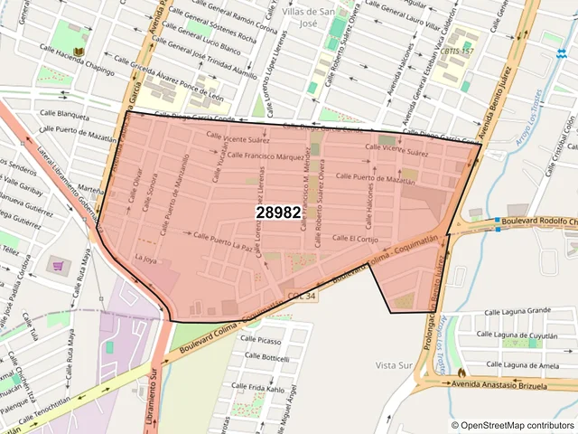 Mapa del código postal 28982, Villa de Álvarez, Colima