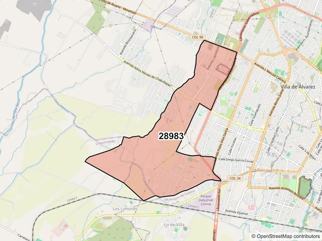 Mapa del código postal 28983, Villa de Álvarez, Colima