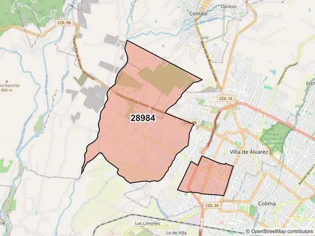 Mapa del código postal 28984, Villa de Álvarez, Colima