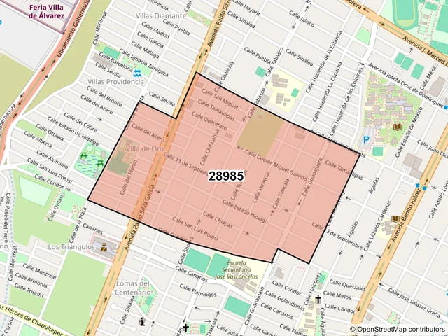 Mapa del código postal 28985, Villa de Álvarez, Colima