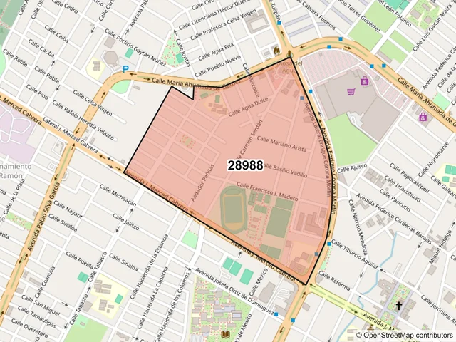 Mapa del código postal 28988, Villa de Álvarez, Colima