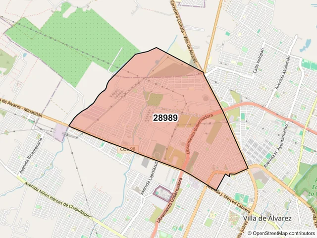 Mapa del código postal 28989, Villa de Álvarez, Colima