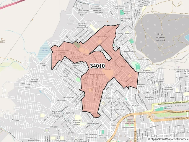 Mapa del código postal 34010, Durango, Durango