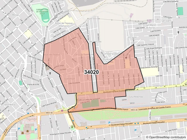 Mapa del código postal 34020, Durango, Durango