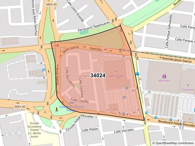 Mapa del código postal 34024, Durango, Durango