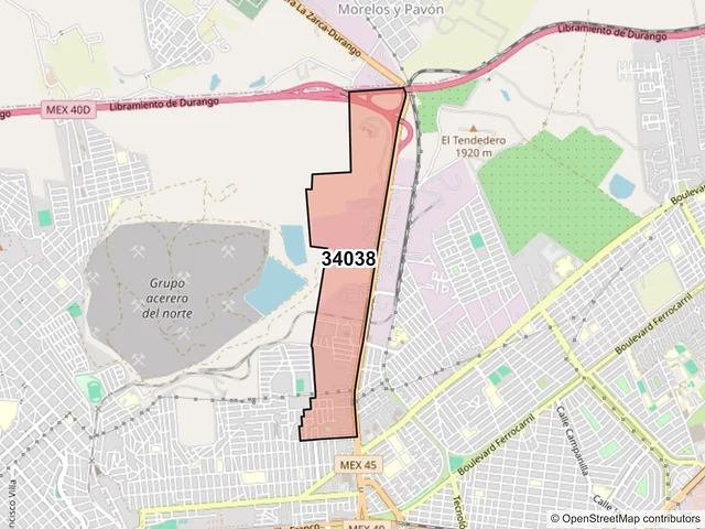 Mapa del código postal 34038, Durango, Durango