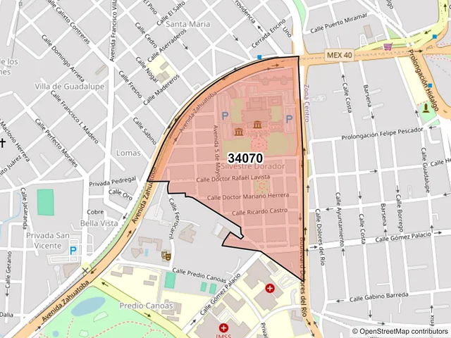 Mapa del código postal 34070, Durango, Durango