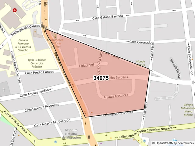 Mapa del código postal 34075, Durango, Durango