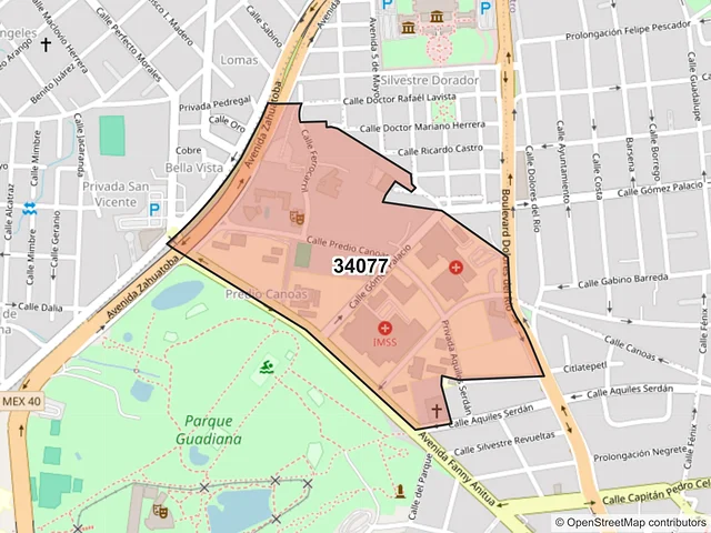Mapa del código postal 34077, Durango, Durango