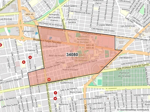 Mapa del código postal 34080, Durango, Durango