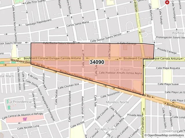 Mapa del código postal 34090, Durango, Durango