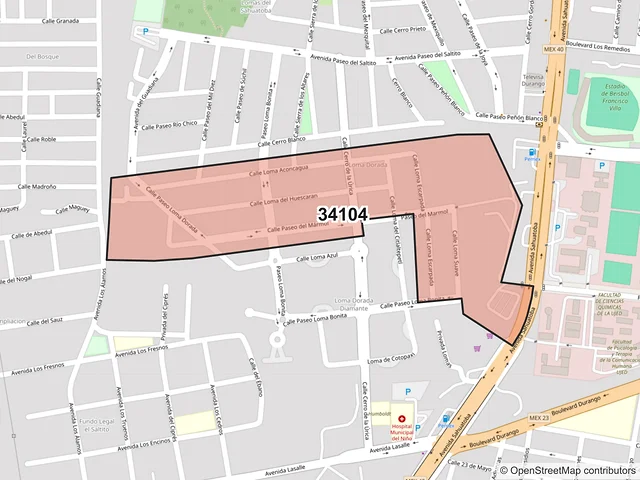 Mapa del código postal 34104, Durango, Durango