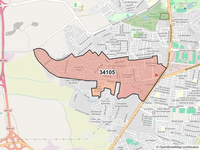 Mapa del código postal 34105, Durango, Durango