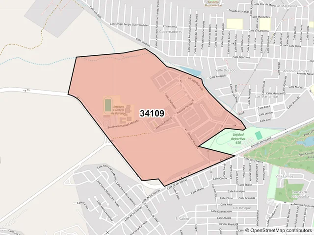 Mapa del código postal 34109, Durango, Durango