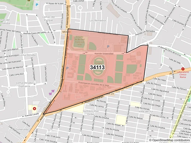 Mapa del código postal 34113, Durango, Durango