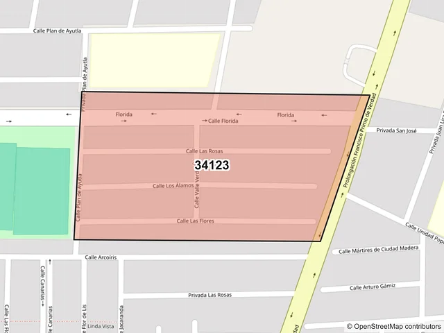 Mapa del código postal 34123, Durango, Durango